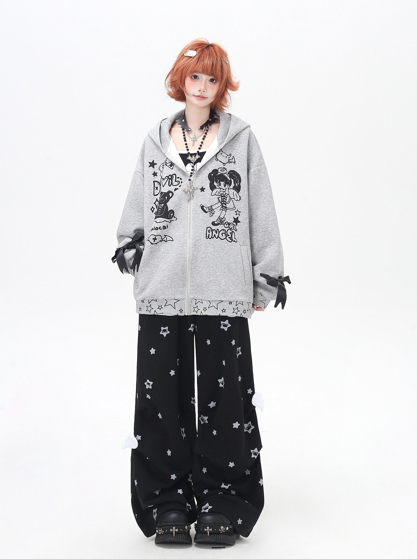 くすみスター柄 ルーズストレートパンツ