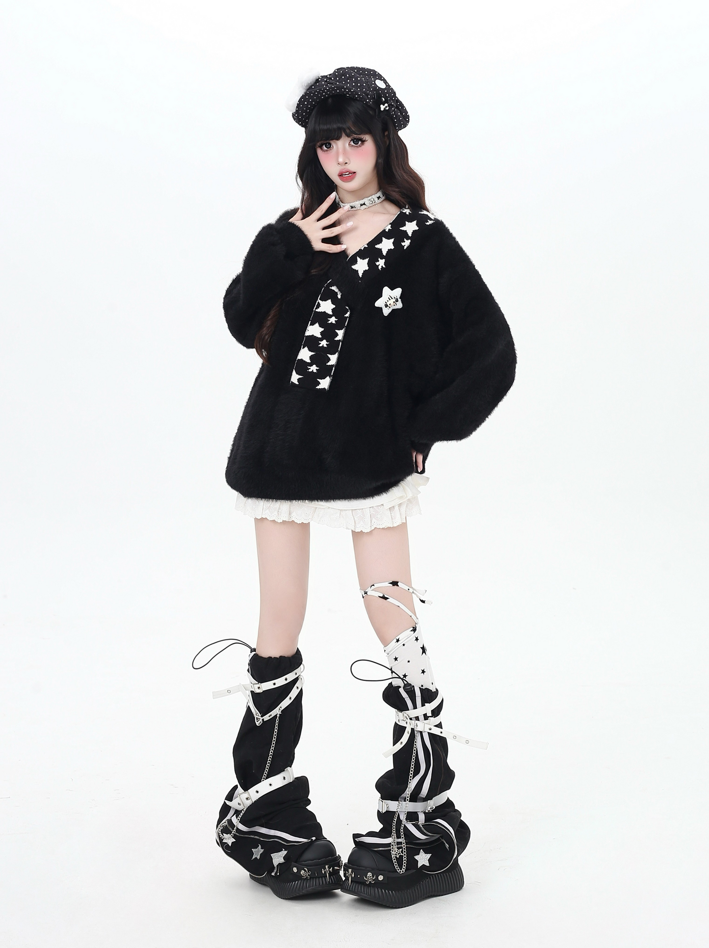 星モチーフフェイクファー重ね着風ニット