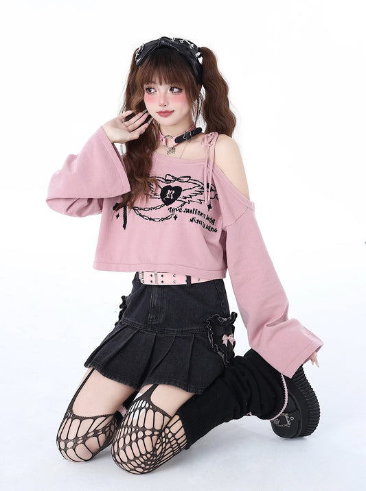 ゆったり長袖オフショルダー編み心形結びトップス