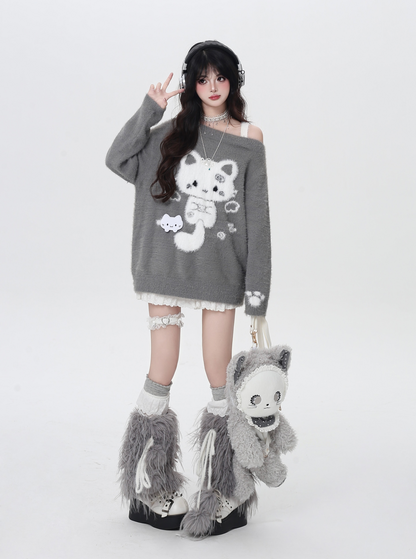 キャットモチーフアシメオフショルニット