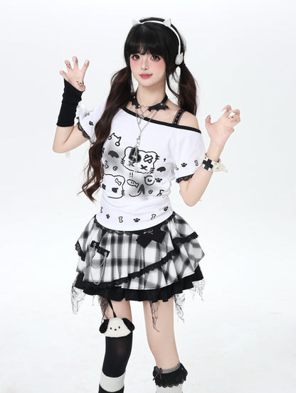 ねこプリントレースキャミレイヤード風T