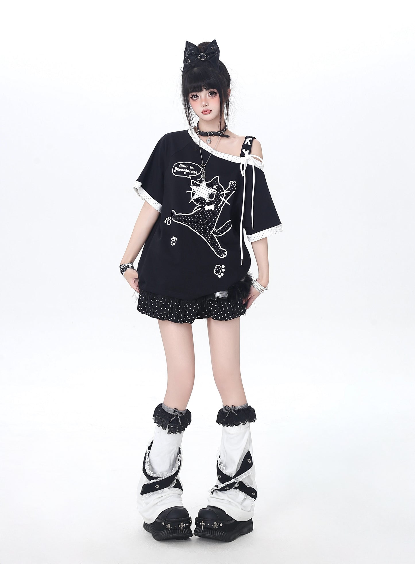 ドット×ネコ♡アシメTシャツ