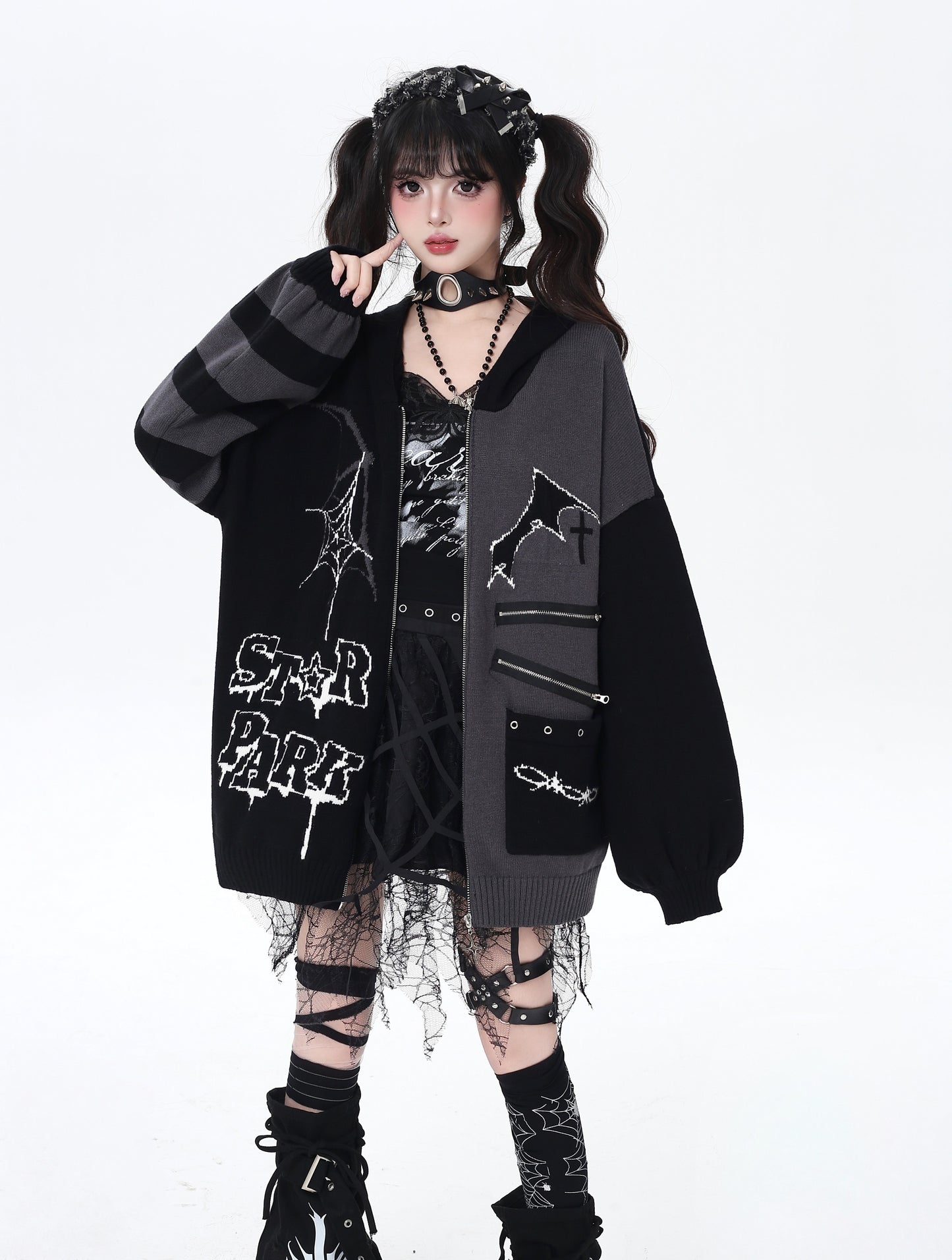 ゴス×ゆる地雷切替ニットカーデ