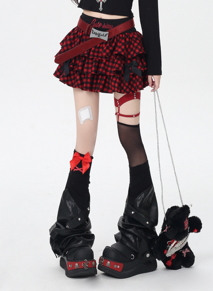 チェック刺繍リボンフレアスカート