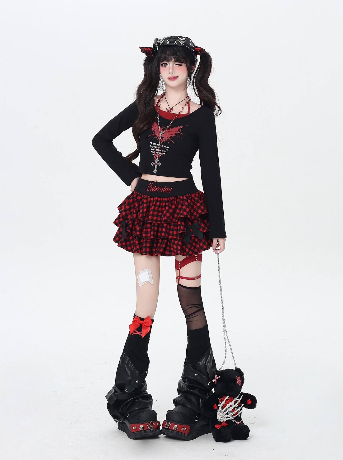 チェック刺繍リボンフレアスカート