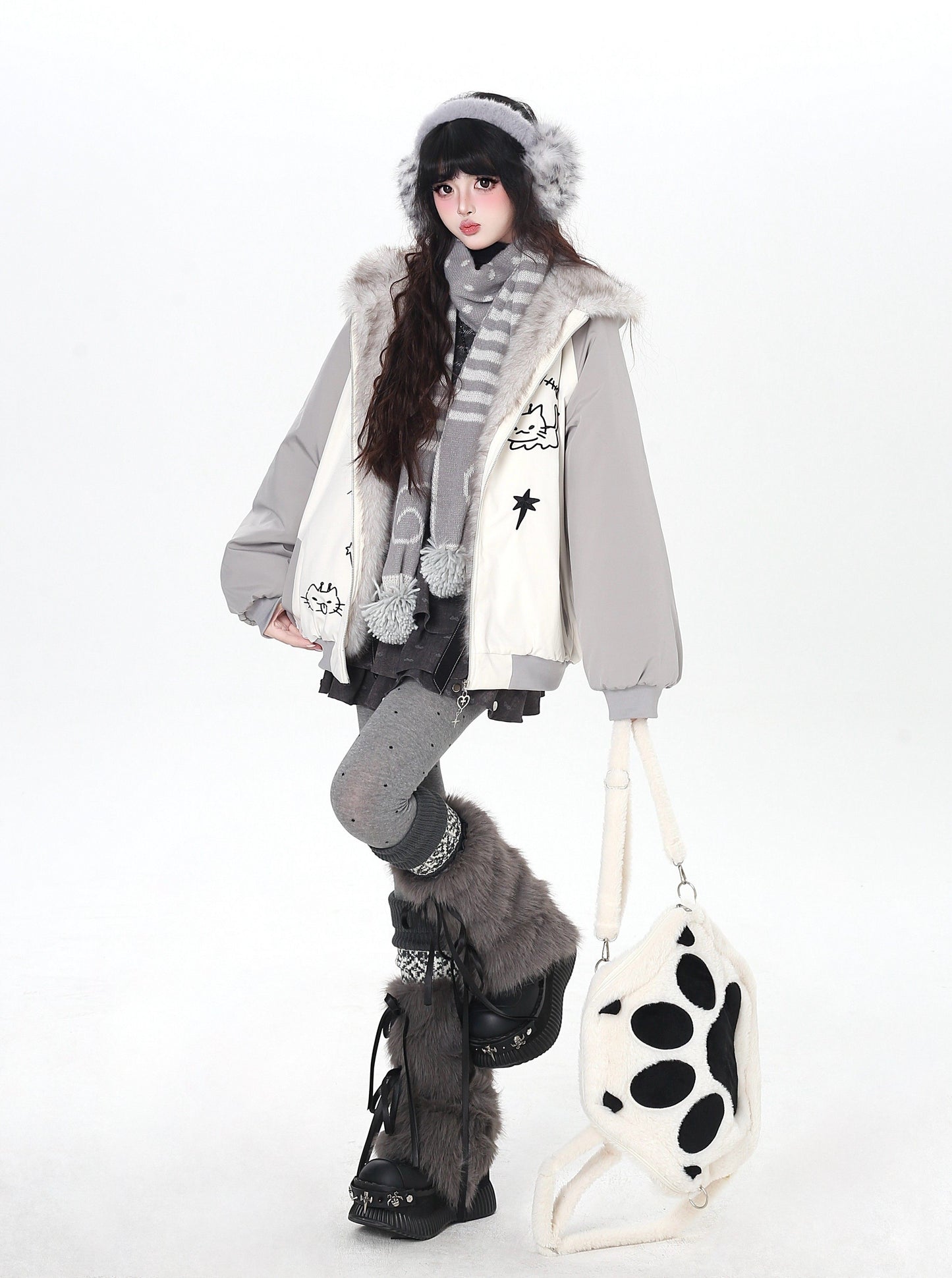 猫耳刺繍 ボリューム中綿アウター