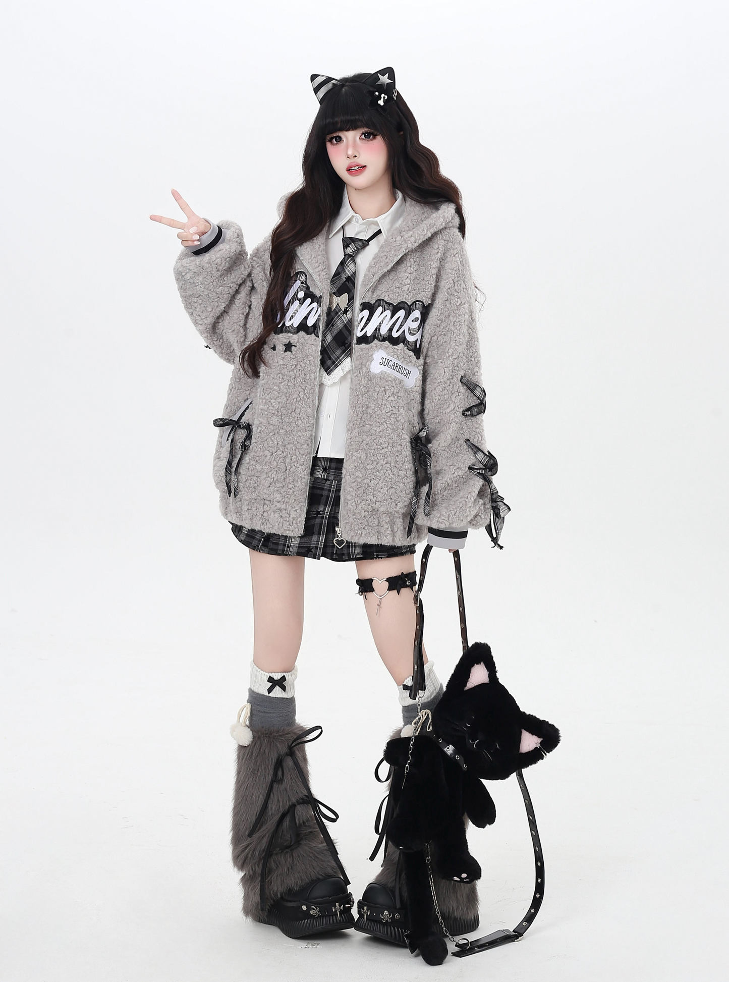 スター柄チェックリボンプリーツスカート