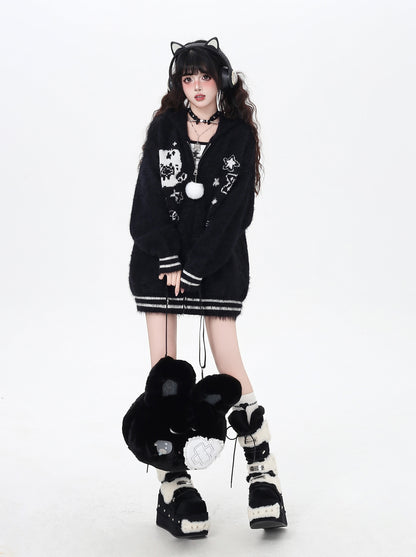 うさ耳フーディー付きゆるカワカーディガン秋冬