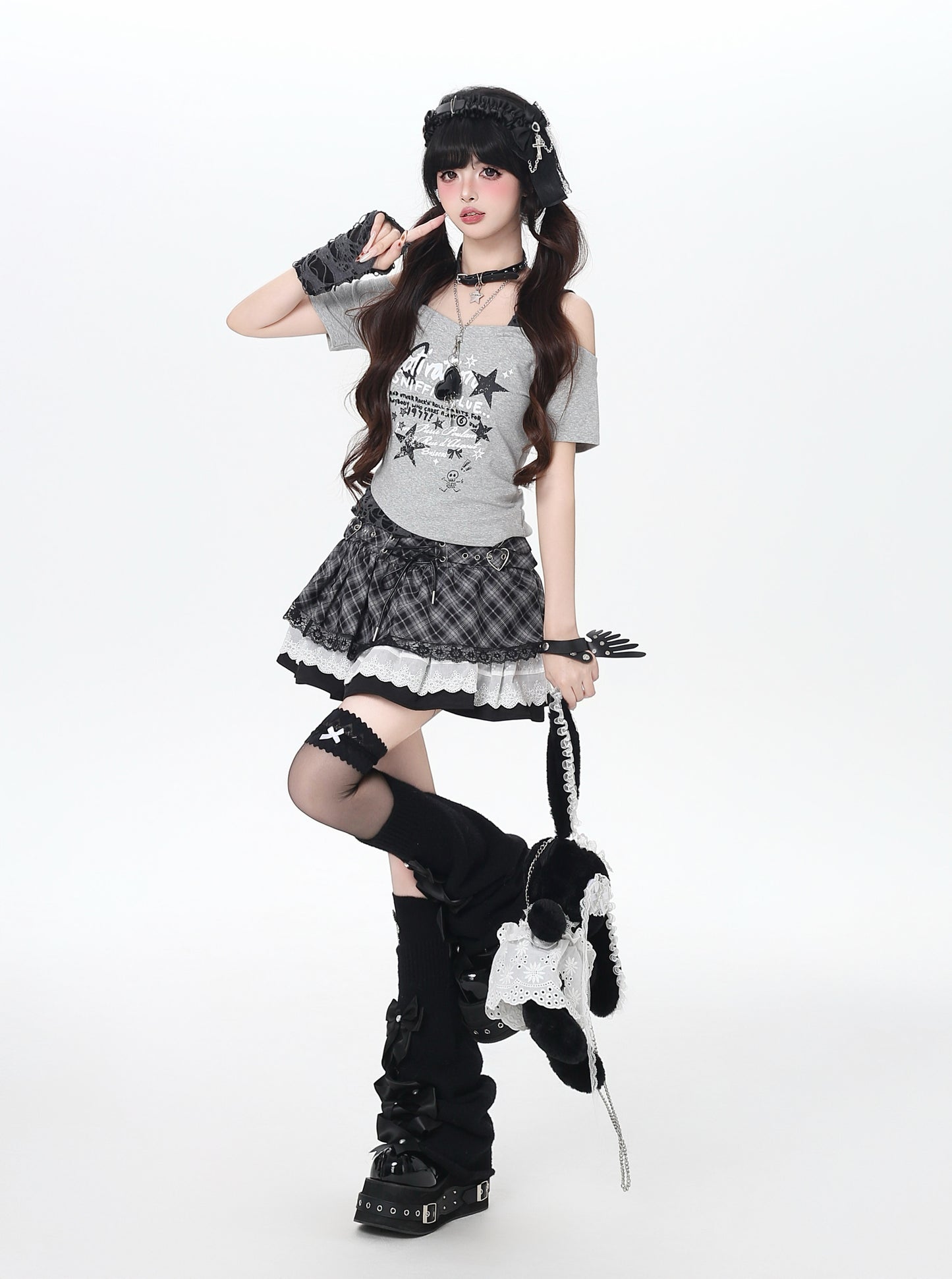 星柄フェイクレイヤード肩出しTシャツ
