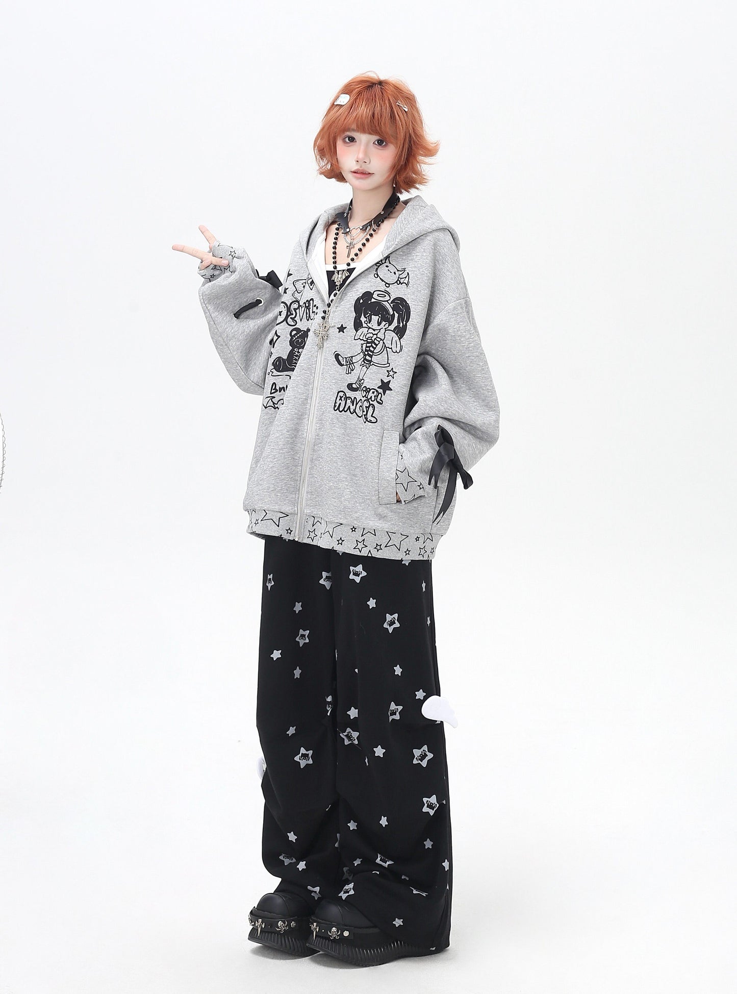 くすみスター柄 ルーズストレートパンツ