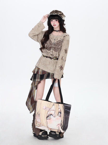 クラッシュ加工 バタフライ柄ロングスリーブT