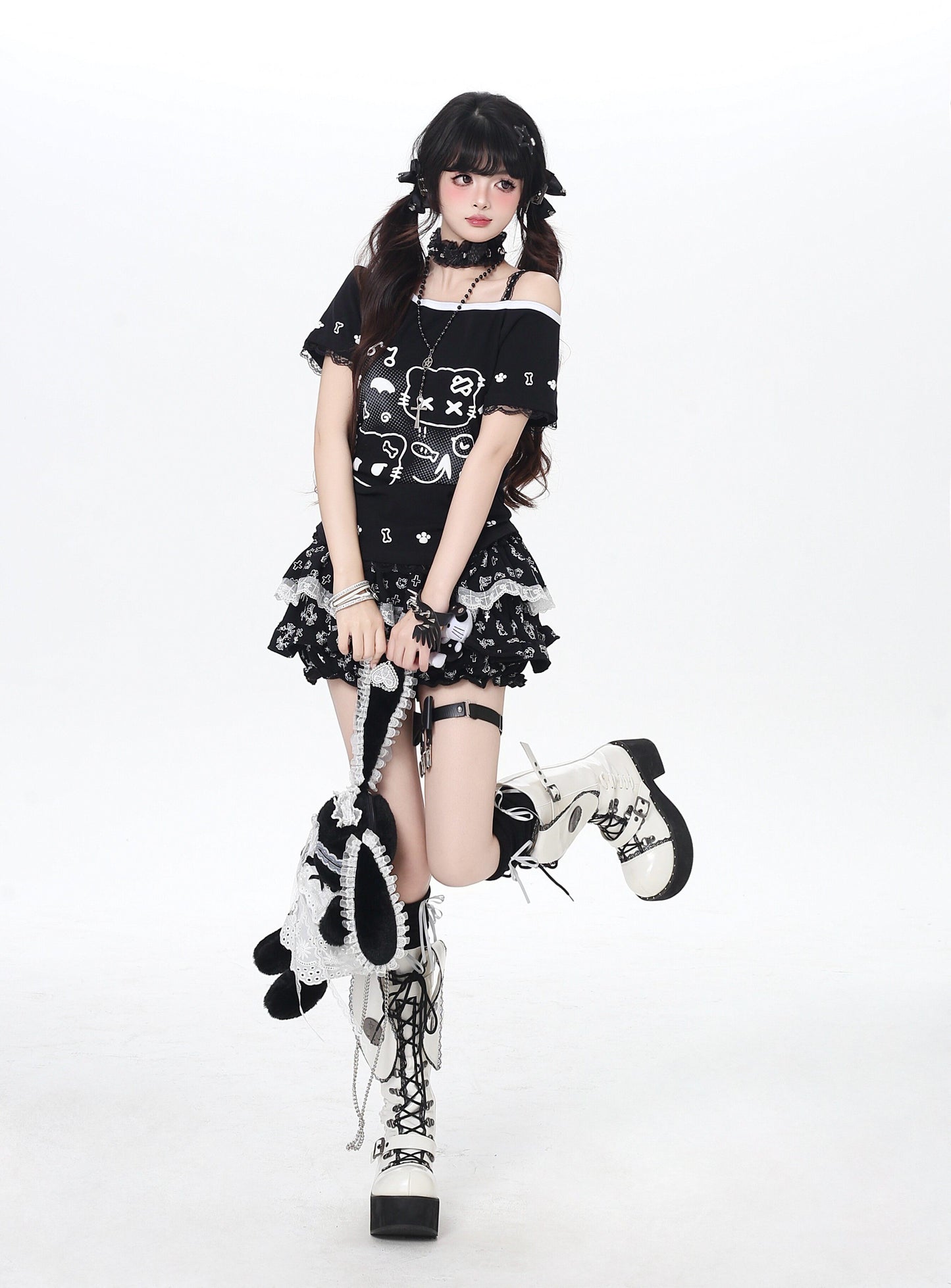 ねこプリントレースキャミレイヤード風T