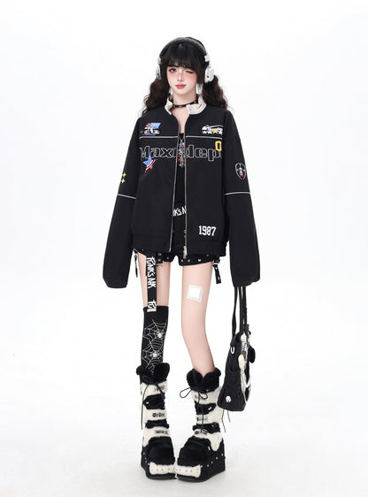 ストリートレトロ☆アメカジバイク風ゆるデザインブルゾン