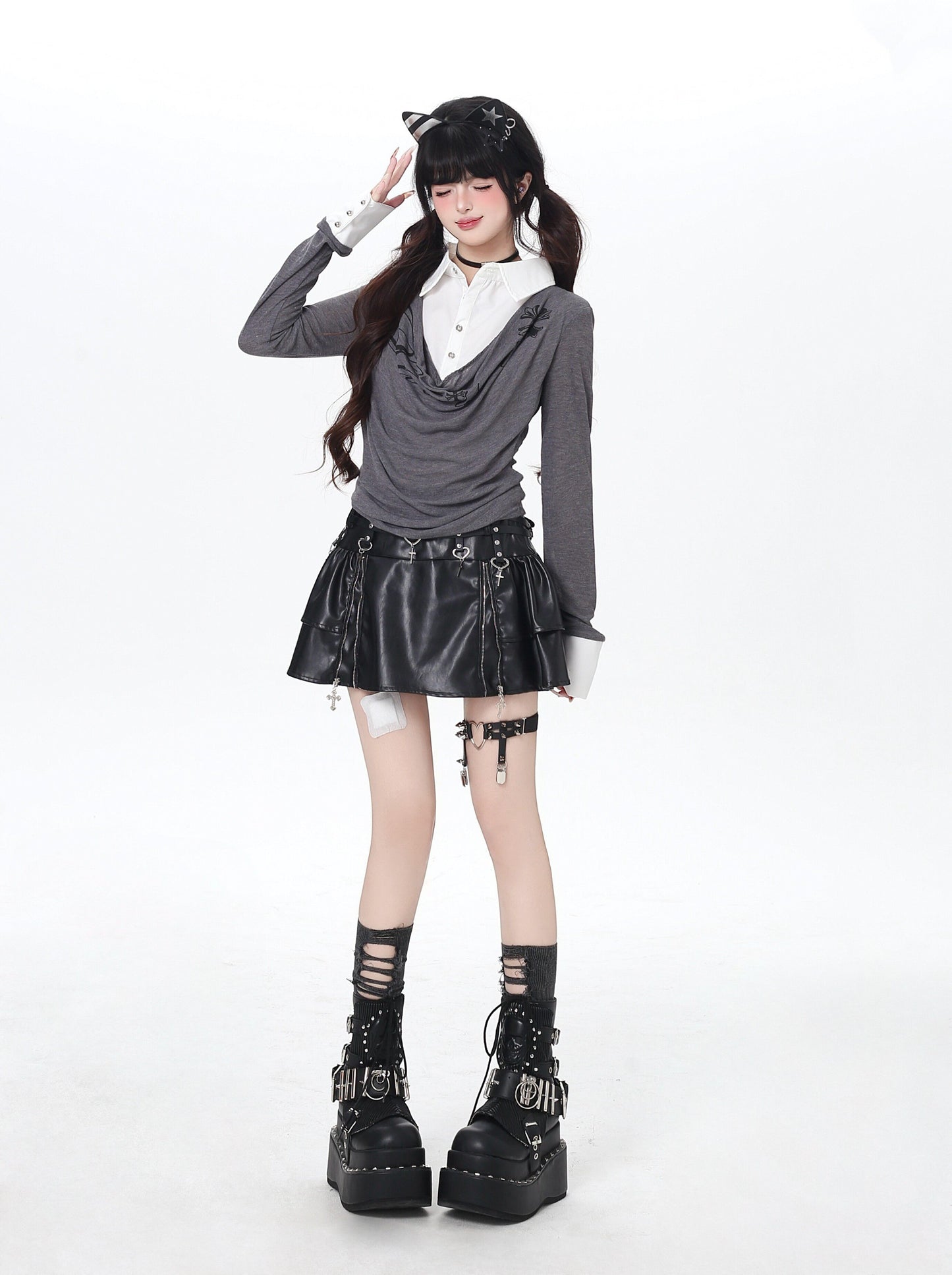 ポロ風レイヤードトップス｜韓国ガーリー・細見え