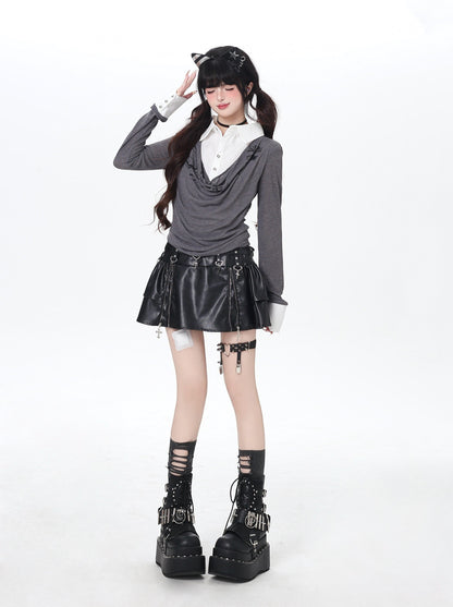 ポロ風レイヤードトップス｜韓国ガーリー・細見え