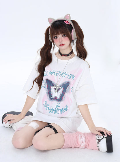 ダメージ加工デニム蝶々プリントのルーズフィット短袖Tシャツ