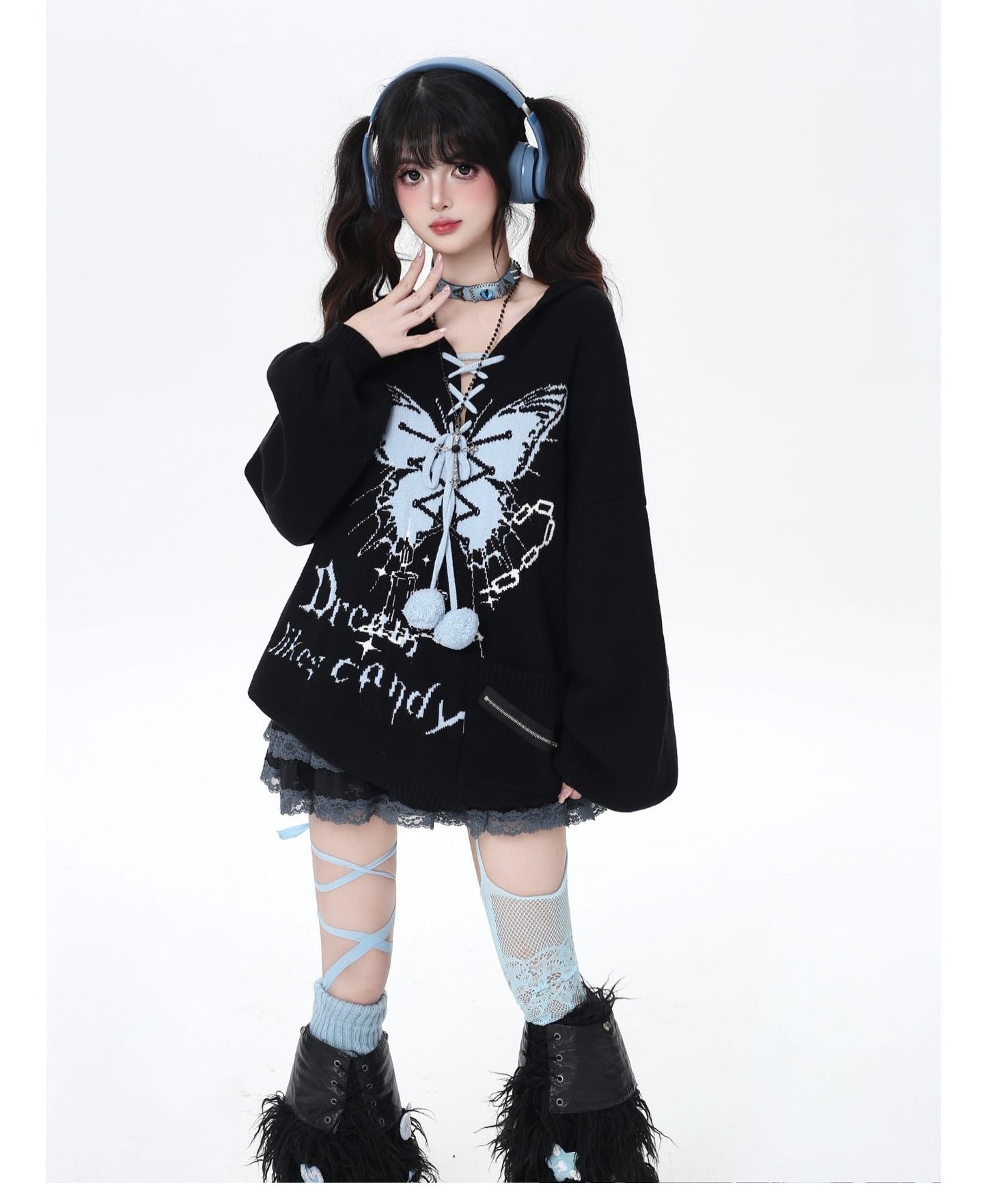 🦋Vネックリボンフーディゆる甘ニットカーデ