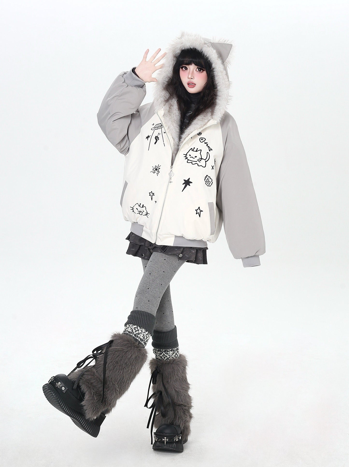 猫耳刺繍 ボリューム中綿アウター