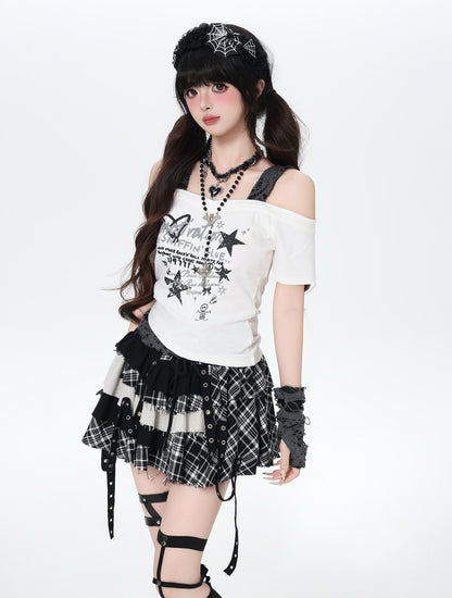 星柄フェイクレイヤード肩出しTシャツ