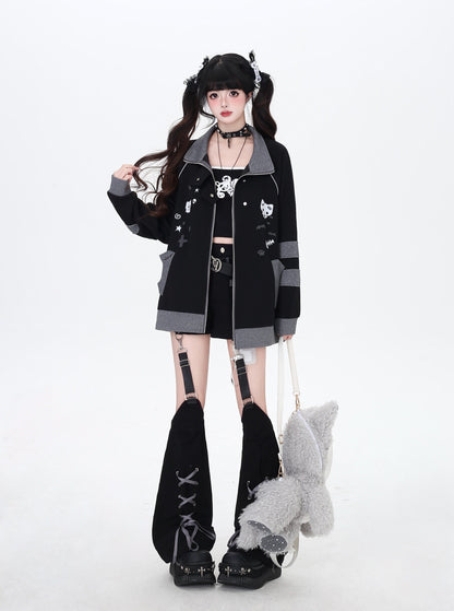 ねこ刺繍×スター柄 ラグランブルゾン