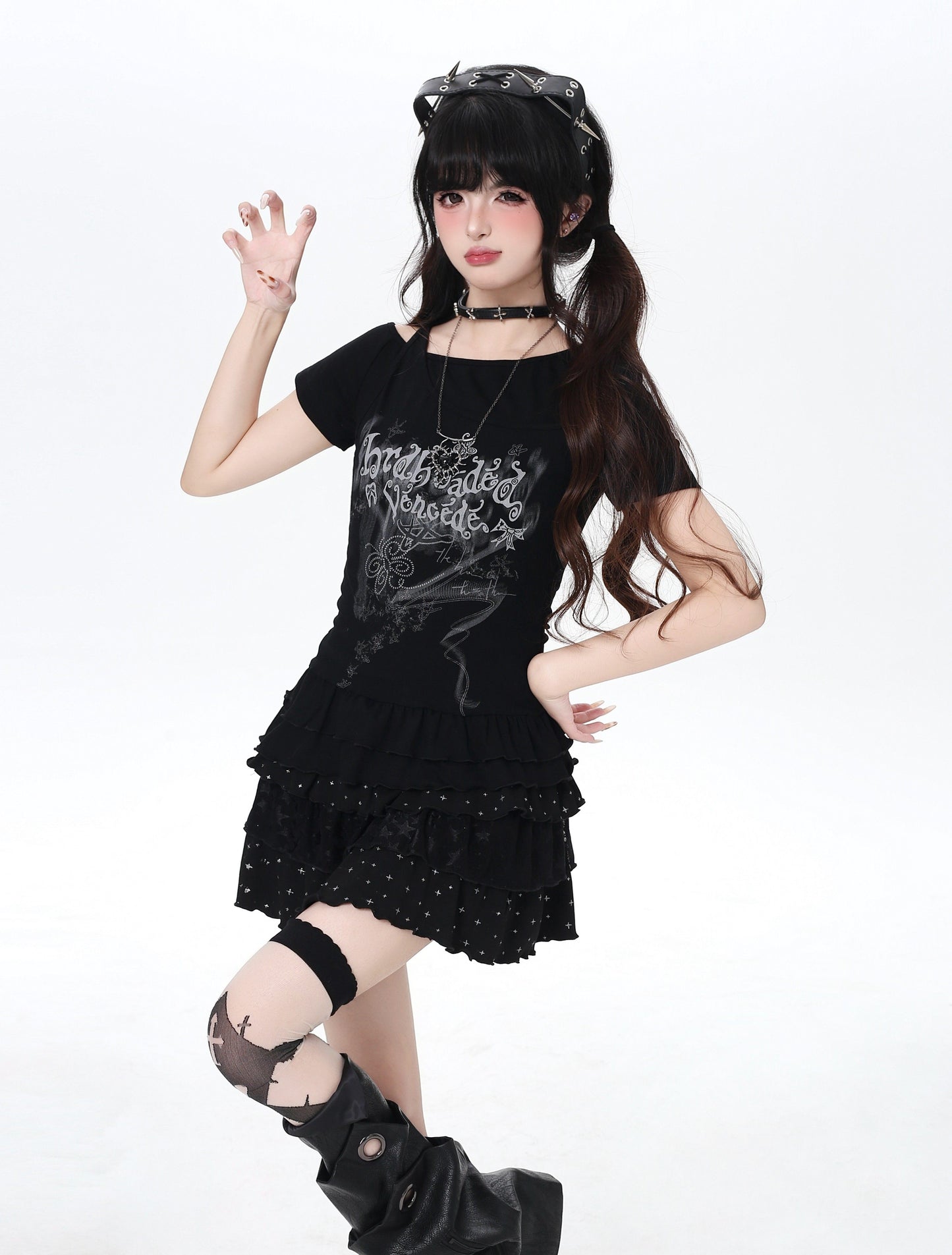 アシメオフショルフリルプリントT