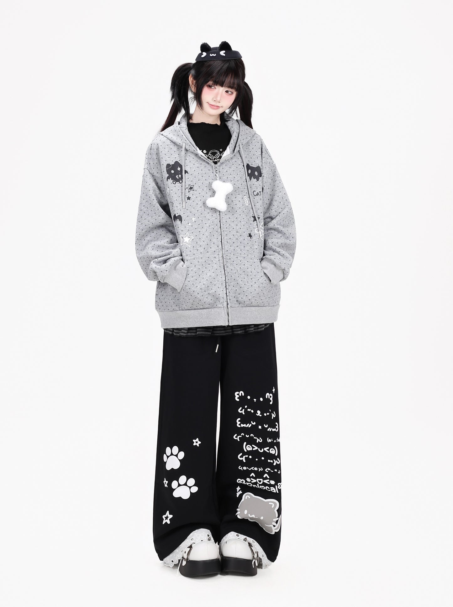 デビルねこドット柄ねこ耳フードパーカー
