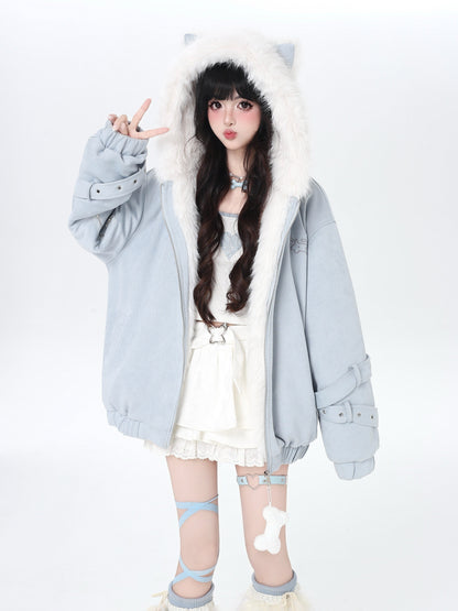 天使風 猫耳フード ファー中綿ブルゾン