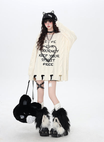 ヴィンテージハート×ダメージVネックゆるカジュアルニット