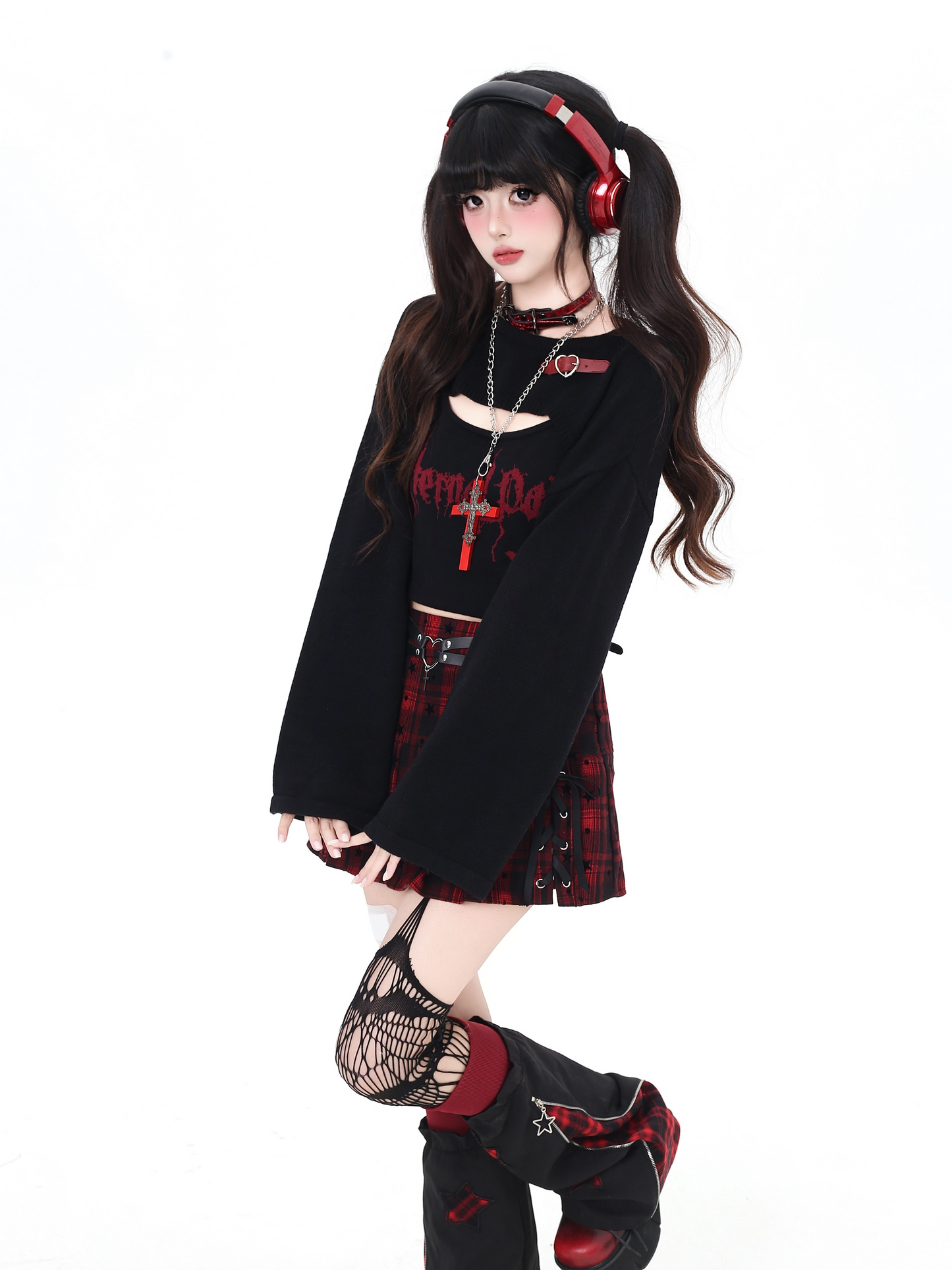 スター柄チェックリボンプリーツスカート