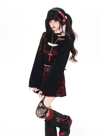 スター柄チェックリボンプリーツスカート