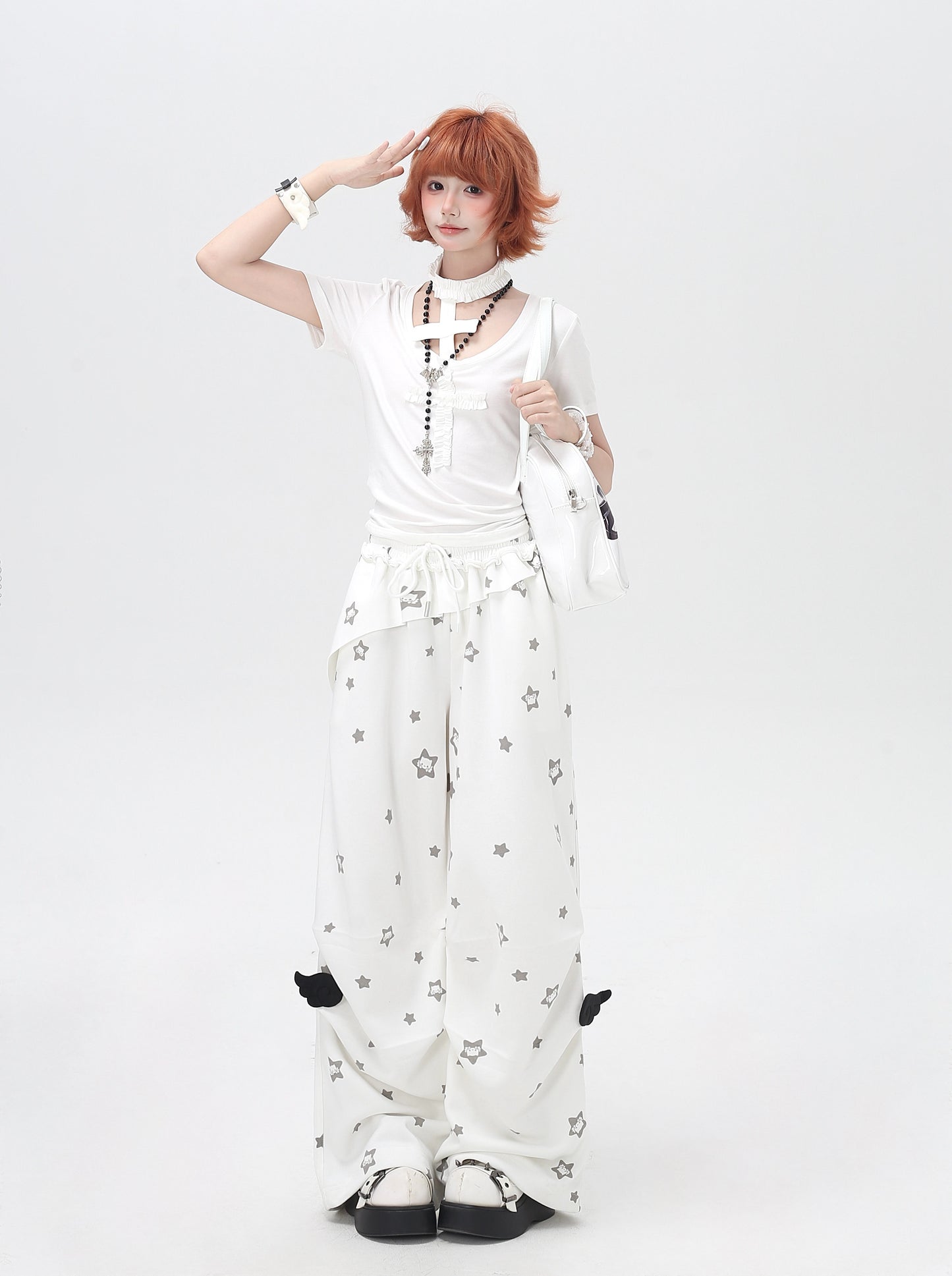 くすみスター柄 ルーズストレートパンツ