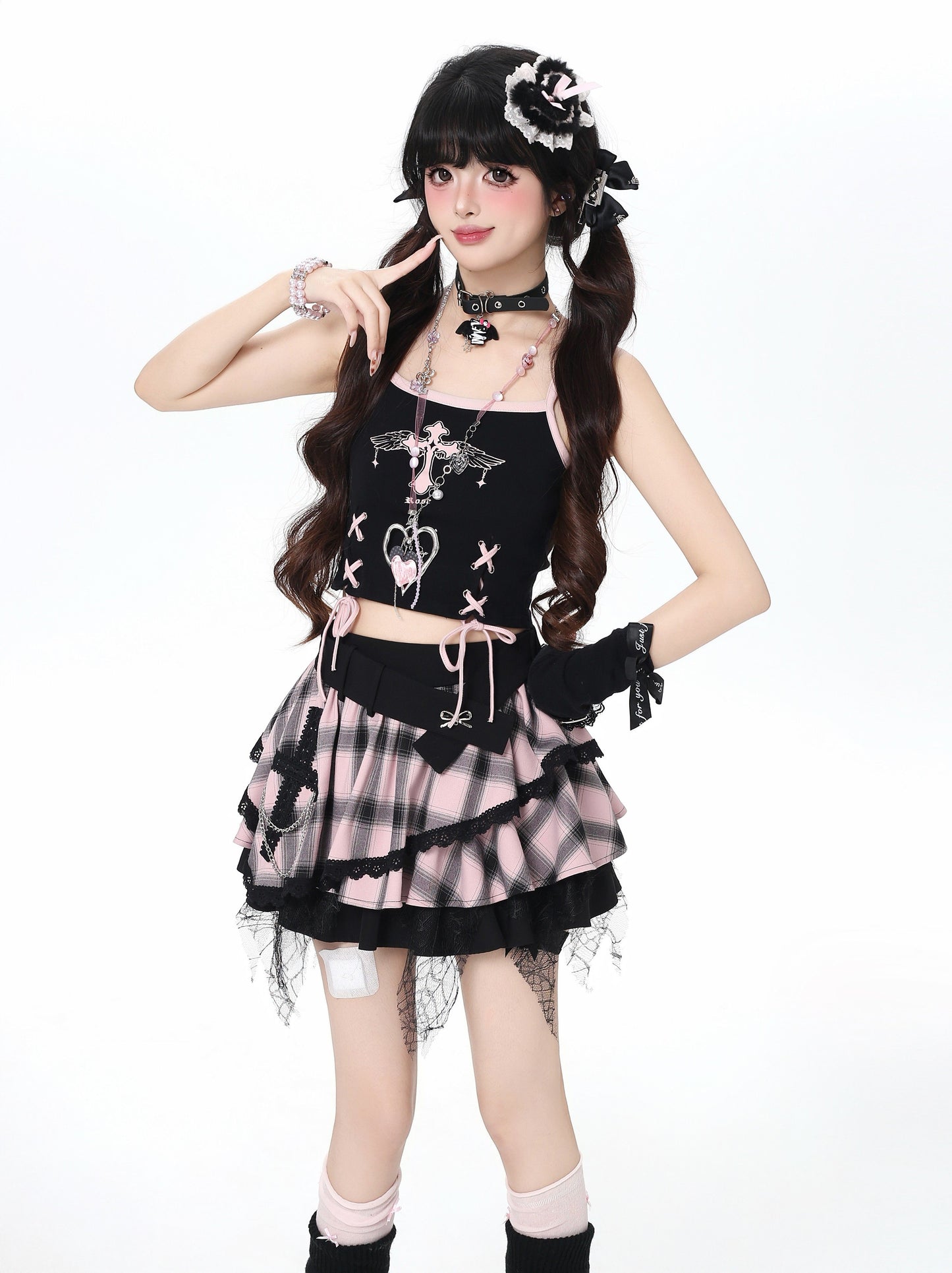 ドット×チェックふんわりティアードスカート