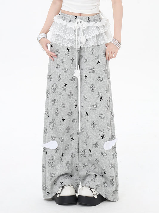 猫柄レーススウェットパンツ🖤ゆる甘ストリート