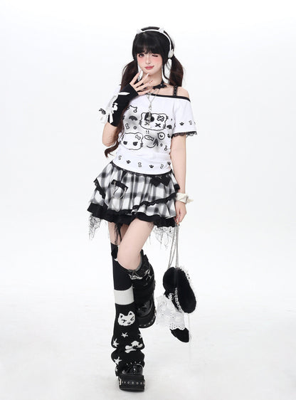 ねこプリントレースキャミレイヤード風T