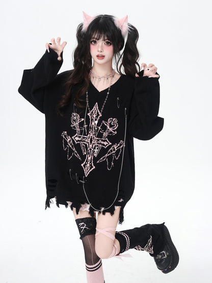 ゴシック破れチェーンVネックニット