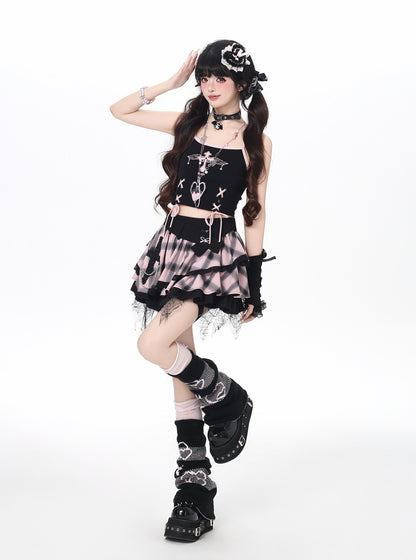 ドット×チェックふんわりティアードスカート