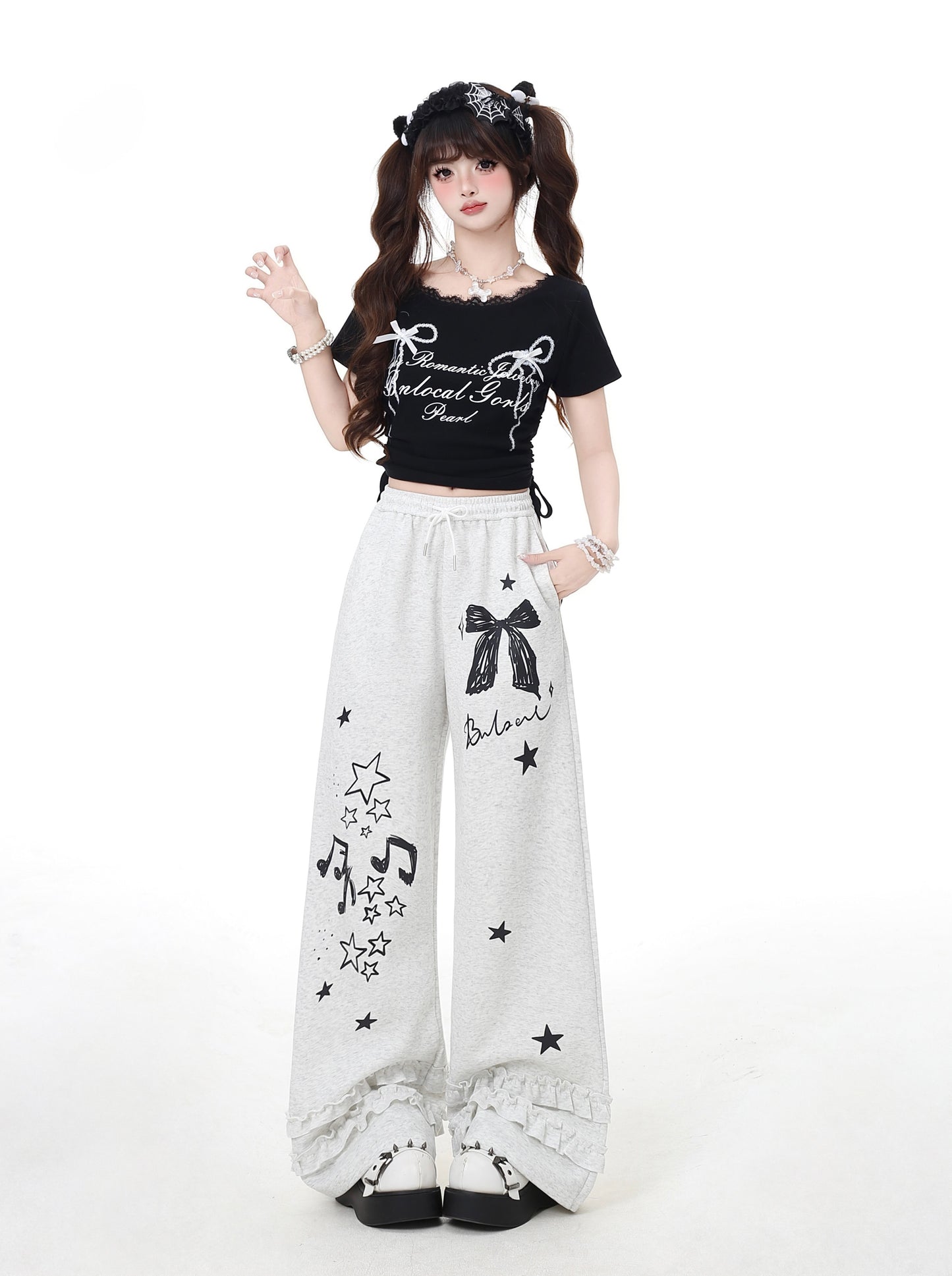 レースフリルドローストリングカットTシャツ