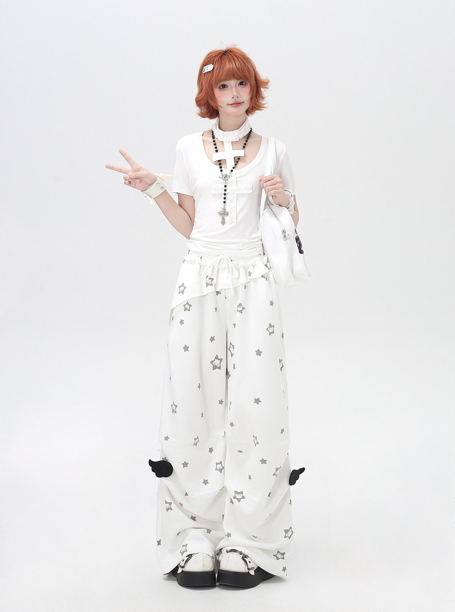 くすみスター柄 ルーズストレートパンツ