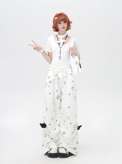 くすみスター柄 ルーズストレートパンツ