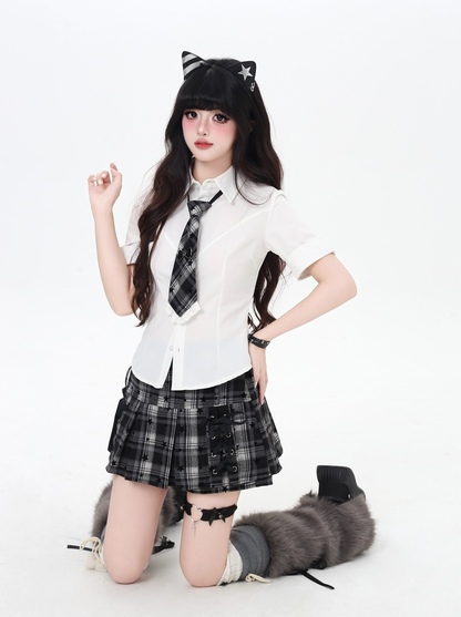 スター柄チェックリボンプリーツスカート