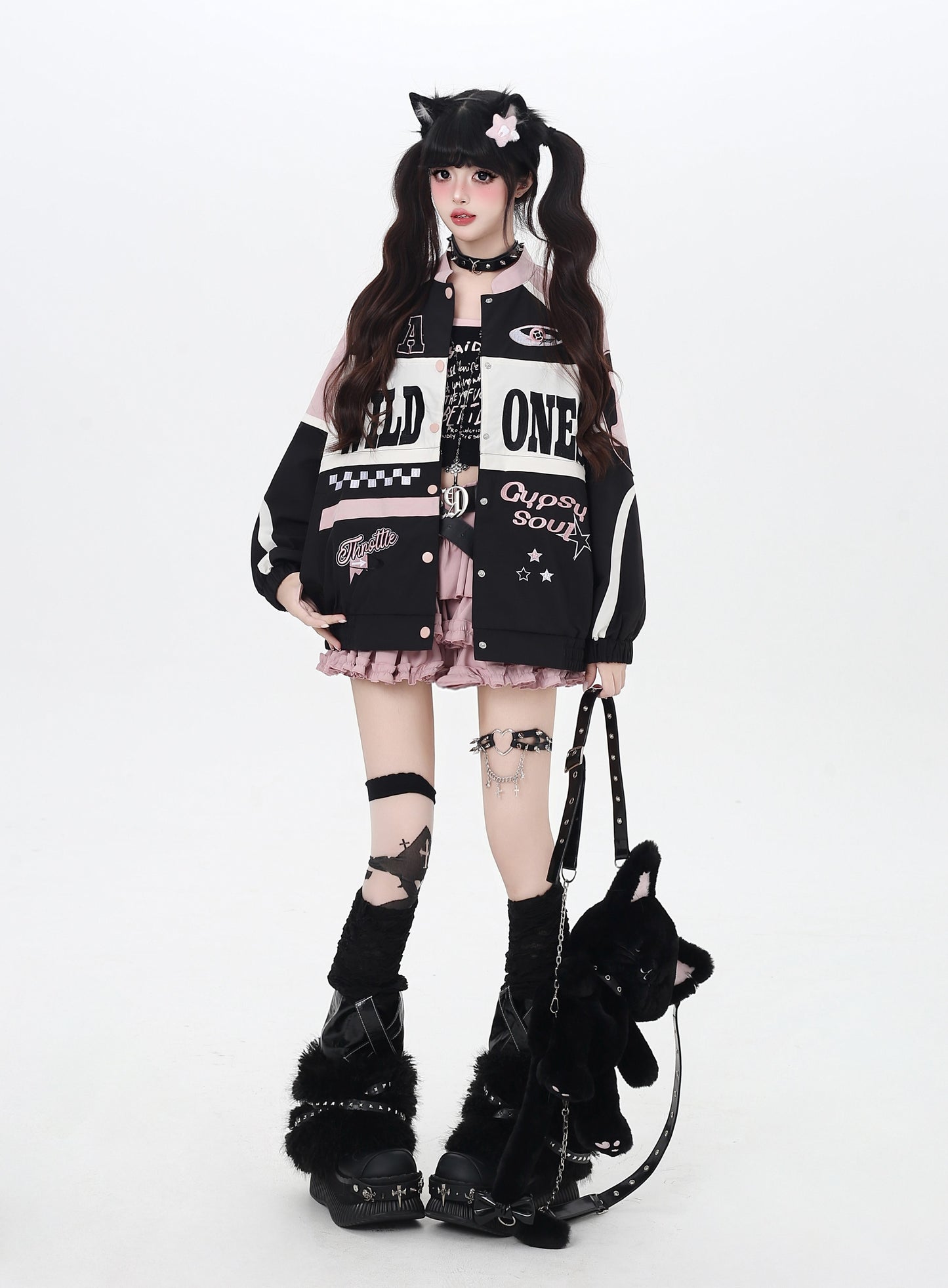 ストリート復古パッチワーク×ライダーズスタジャン（取り外し可能）