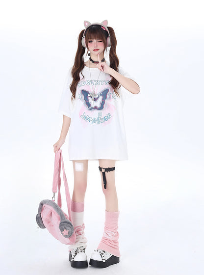 ダメージ加工デニム蝶々プリントのルーズフィット短袖Tシャツ