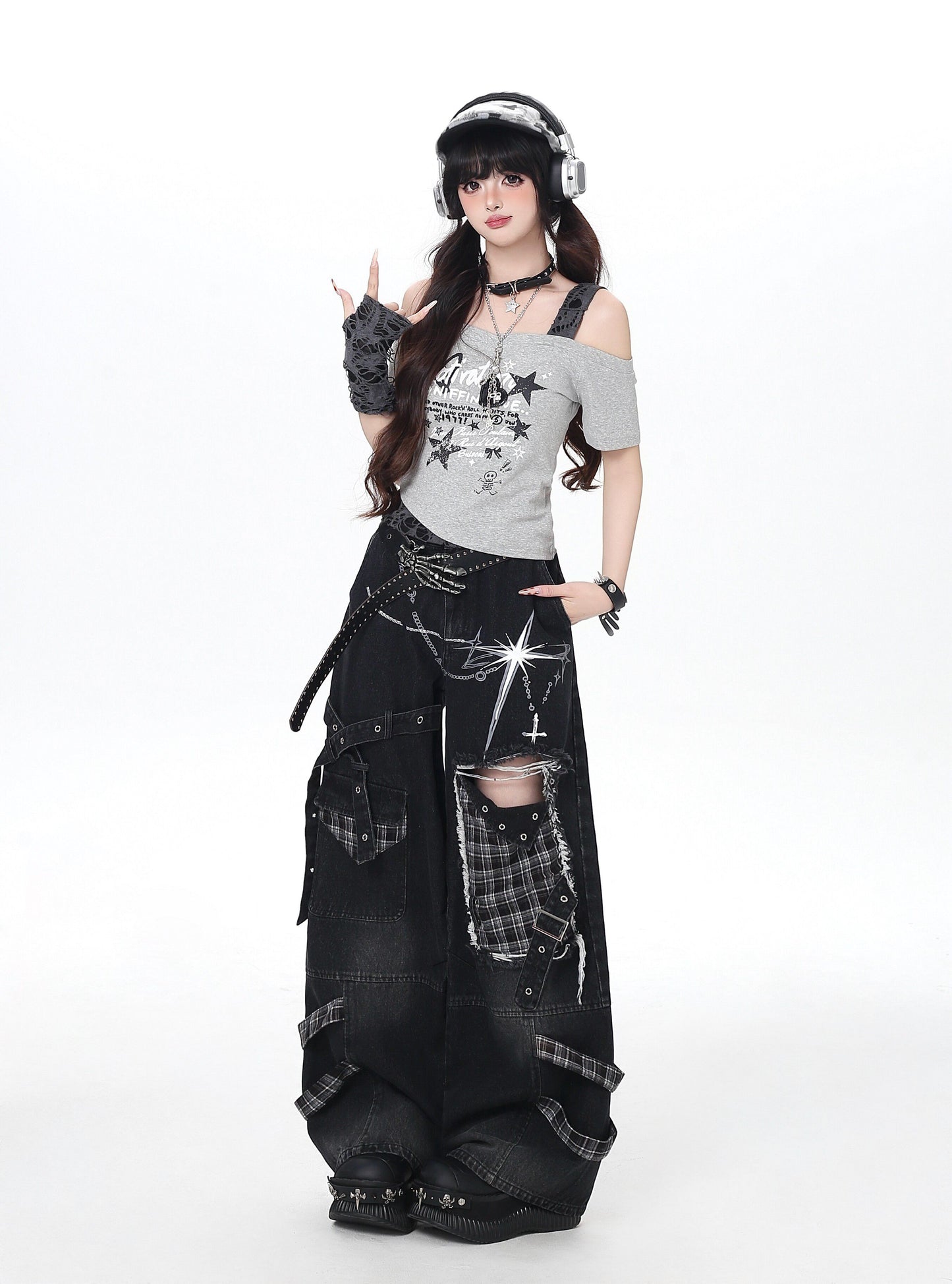星柄フェイクレイヤード肩出しTシャツ