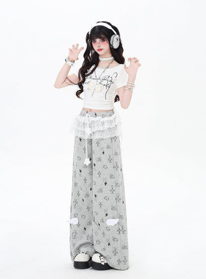 猫柄レーススウェットパンツ🖤ゆる甘ストリート