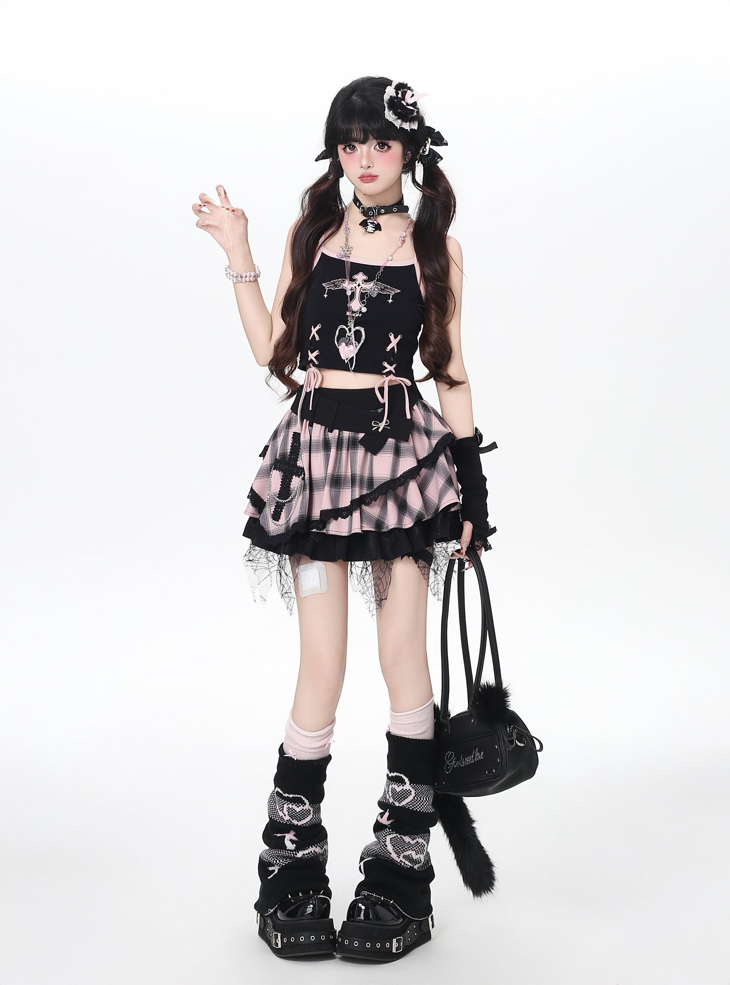 ドット×チェックふんわりティアードスカート