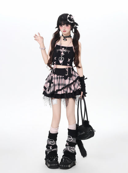 ドット×チェックふんわりティアードスカート