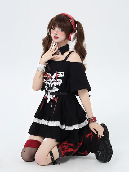 オフショルダー花柄レースミディアム丈Tシャツ（リボンプレゼント付き）