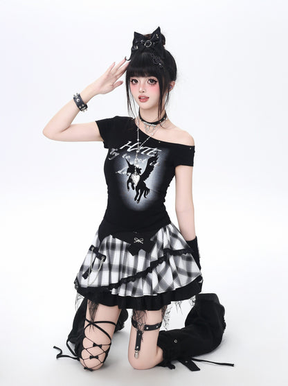 ドット×チェックふんわりティアードスカート