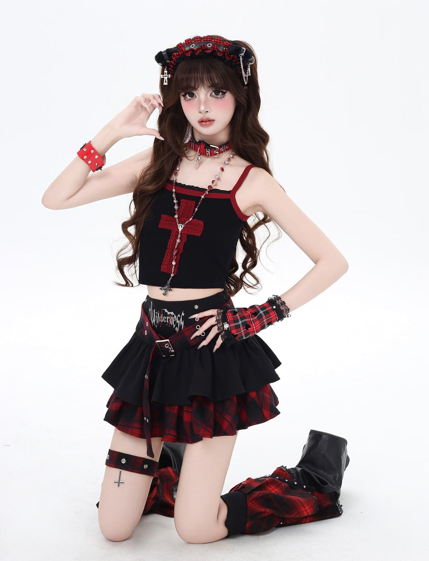 ゴシックアイドル風チェックティアードスカート