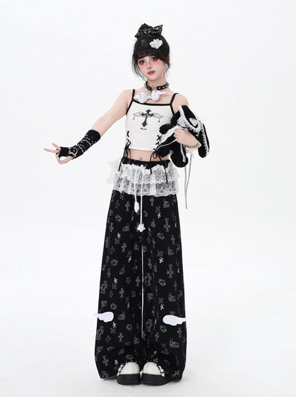 猫柄レーススウェットパンツ🖤ゆる甘ストリート